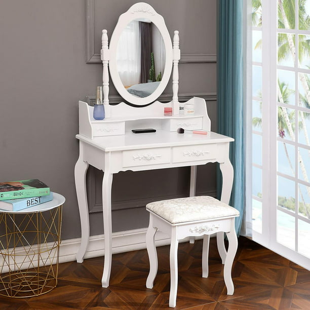 White Dressing Table Vanity Desk with Mirror and Stool and 4 Drawers Modern Makeup Table